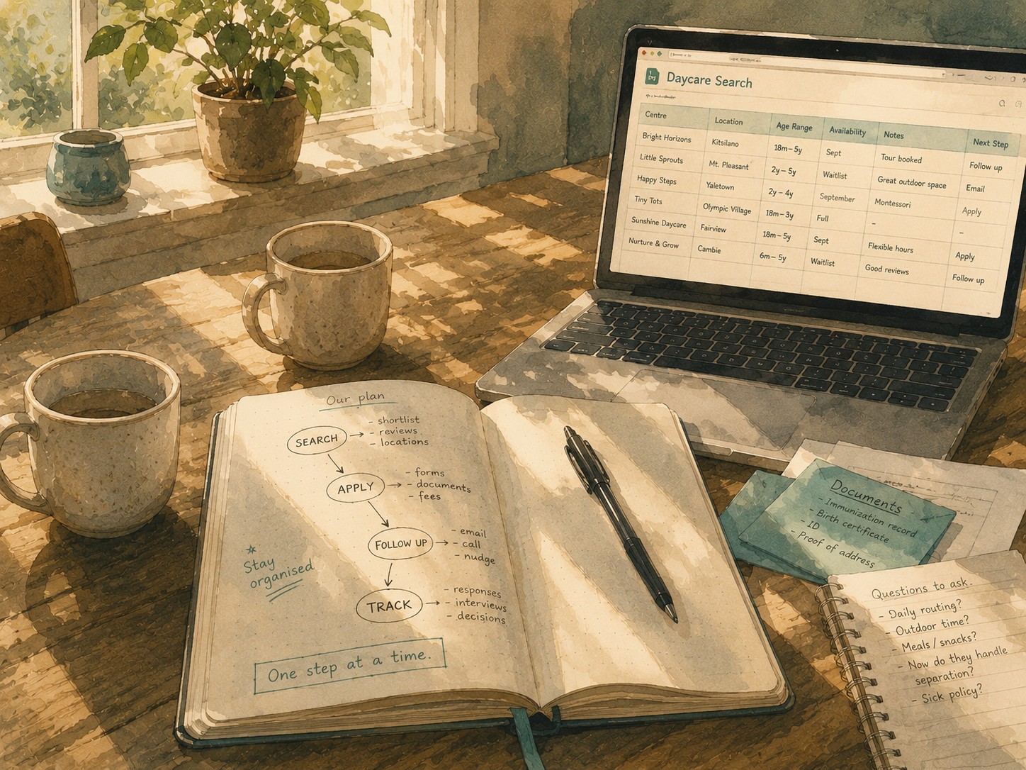 A kitchen table at early morning — an open notebook with handwritten notes and a flow diagram.